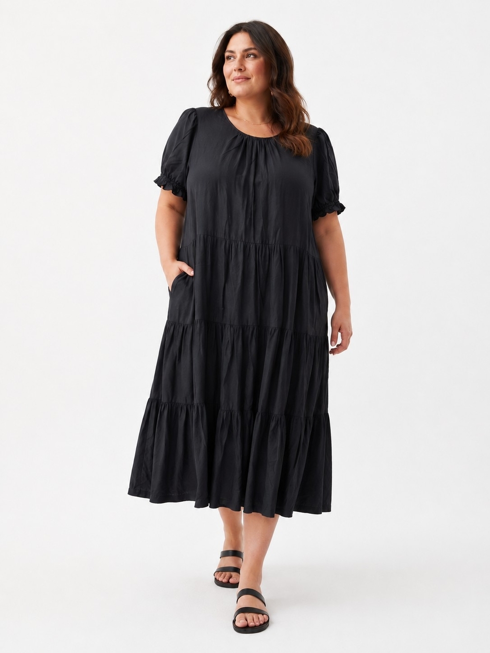 J.Crew 2X Black Tiered Midi Dress Puff Sleeve Boho Cottagecore Plus Size